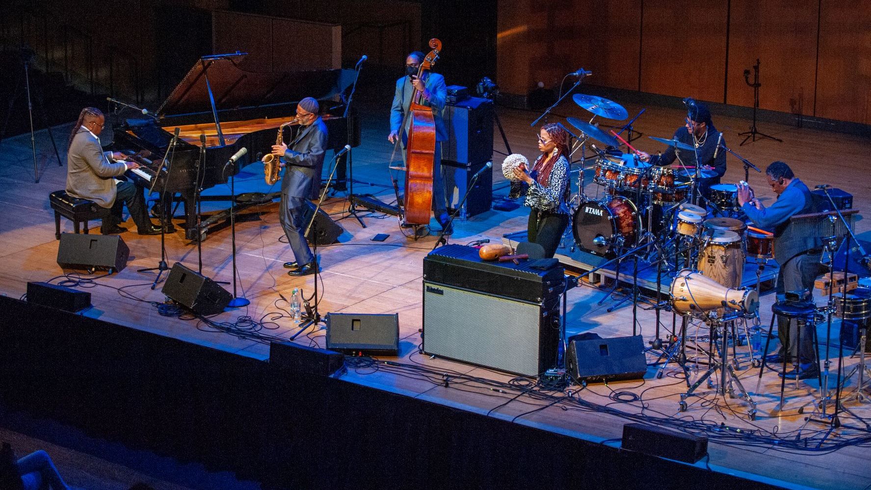 Image of Kenny Garrett’s band performing at the Temple Performing Arts Center.