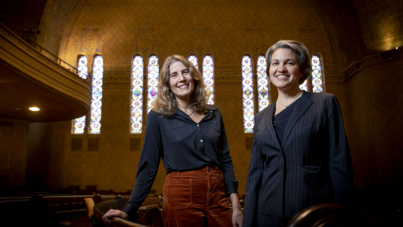 Lila Corwin Berman and Rabbi Jill Maderer inside Rodeph Shalom.