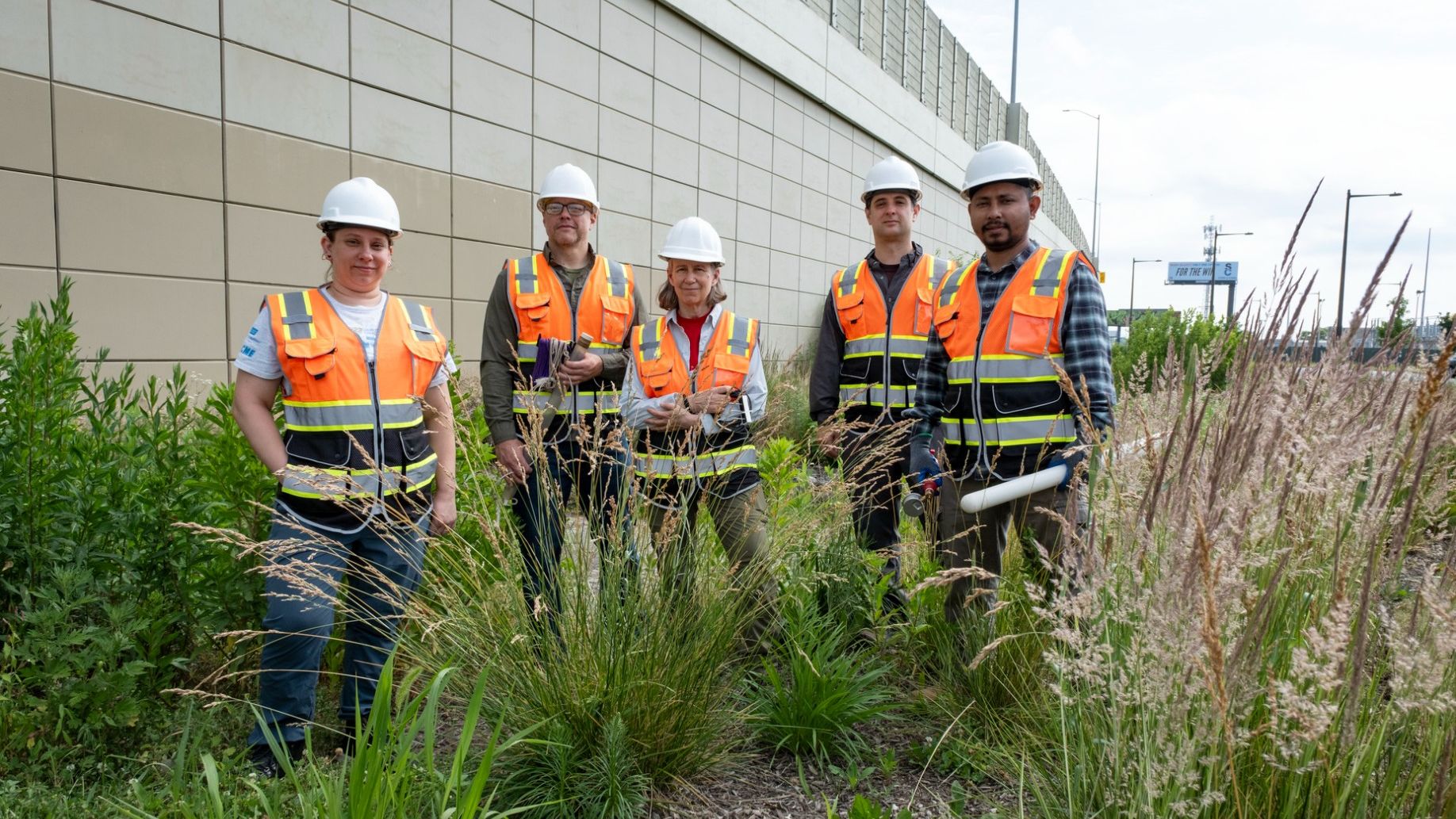 Image of the Temple research team in a bioinfiltration basin along I-95.