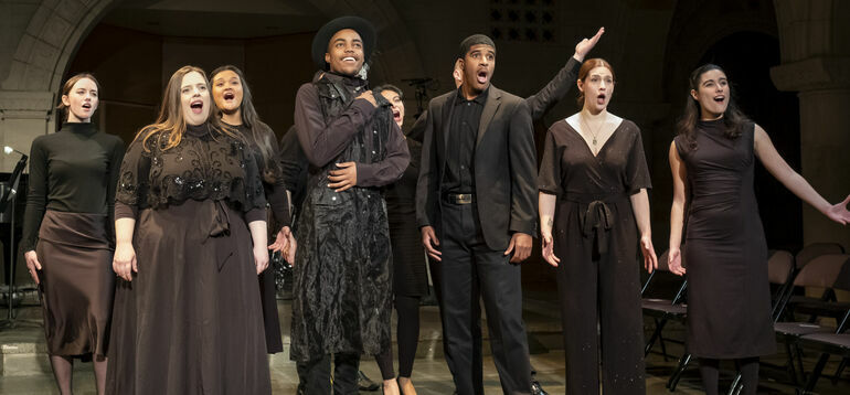 The cast of The Beggar's Trio on stage