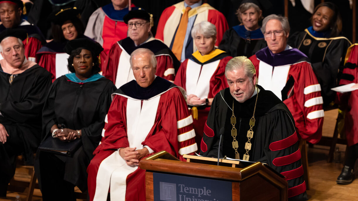 President Fry speaking at podium during Investiture
