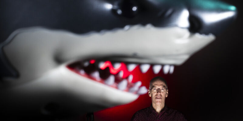 Michael Klein in the jaws of a shark 