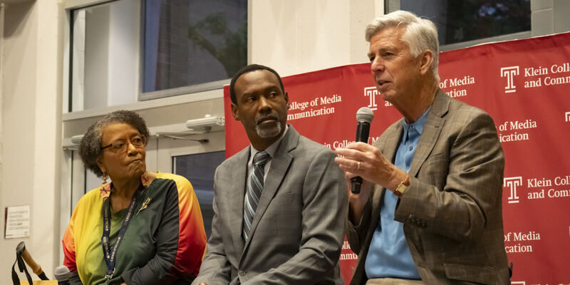 Image of Claire Smith, Doug Glanville and Dave Dombrowski at Wednesday's event.