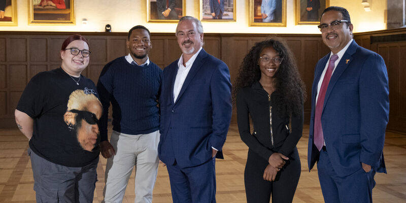 Philanthropist Brook J. Lenfest, Temple Vice President of Enrollment and Student Success Jose Aviles and three students who received scholarships are pictured.