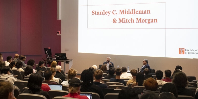 Temple students gather in Alter Hall in a fireside chat with Board Chair Mitchell Morgan, FOX ’76, LAW ’80, and Stanley Middleman, FOX ’76.