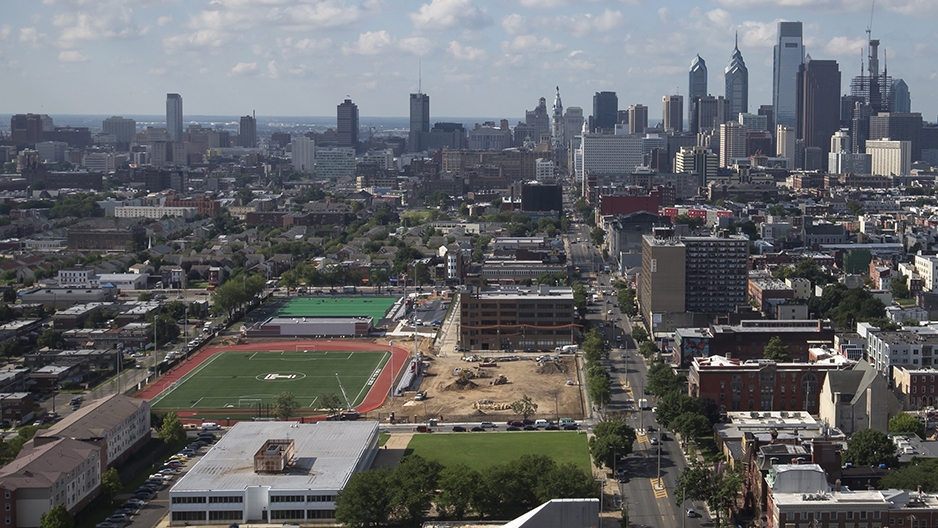 The new sports complex and the Philadelphia skyline, as seen from the top of Morgan Hall. 