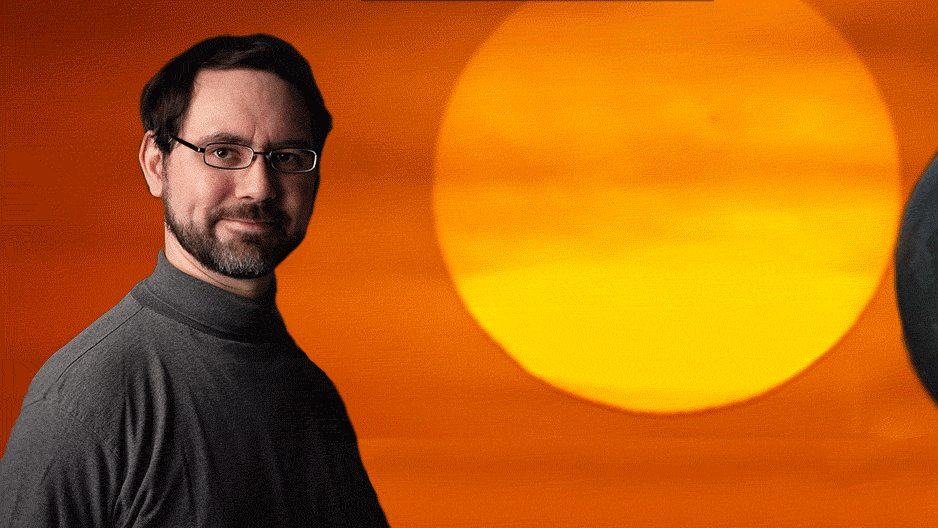 A graphic of the solar eclipse and Assistant Professor of Physics Matthew Newby
