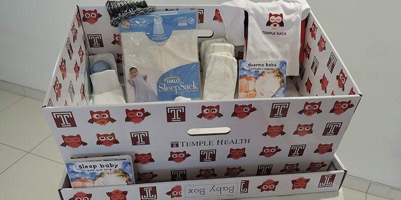 An example of the baby box being distributed at Temple Hospital.