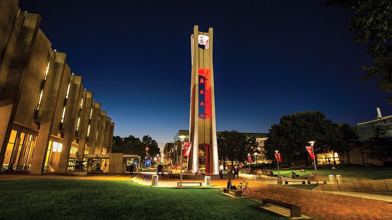 Cherry lights shining from the Bell Tower at night