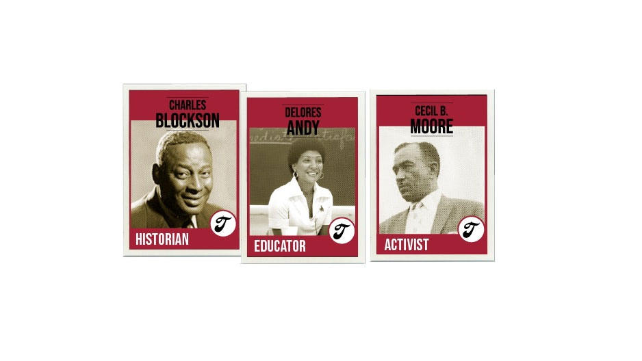 Charles Blockson, Delores Andy and Cecil B. Moore each on their own baseball-inspired card.