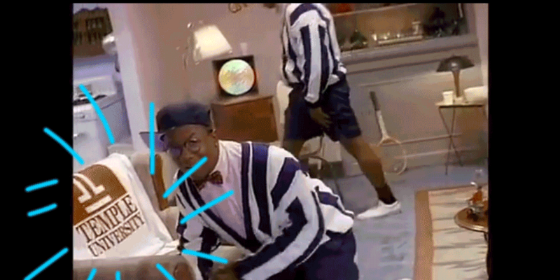 A screencap from Boyz II Men's "Motownphilly" music video in which Temple memorabilia is shown