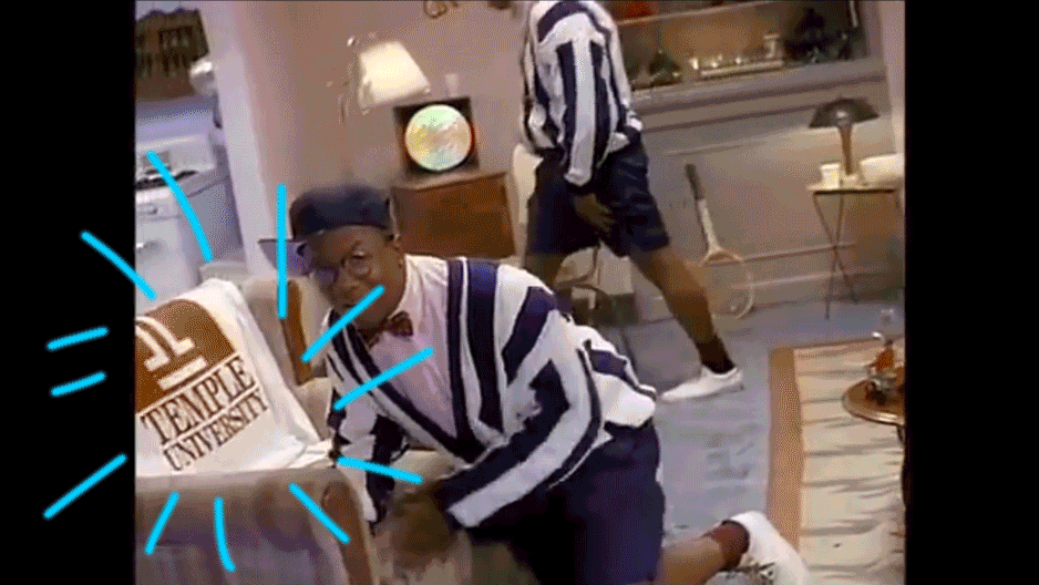 A screencap from Men's "Motownphilly" music video in which Temple memorabilia is shown