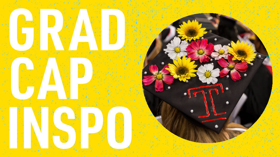 A graduation cap decorated with flowers and a Temple "T" with read that reads "grad cap inspo."