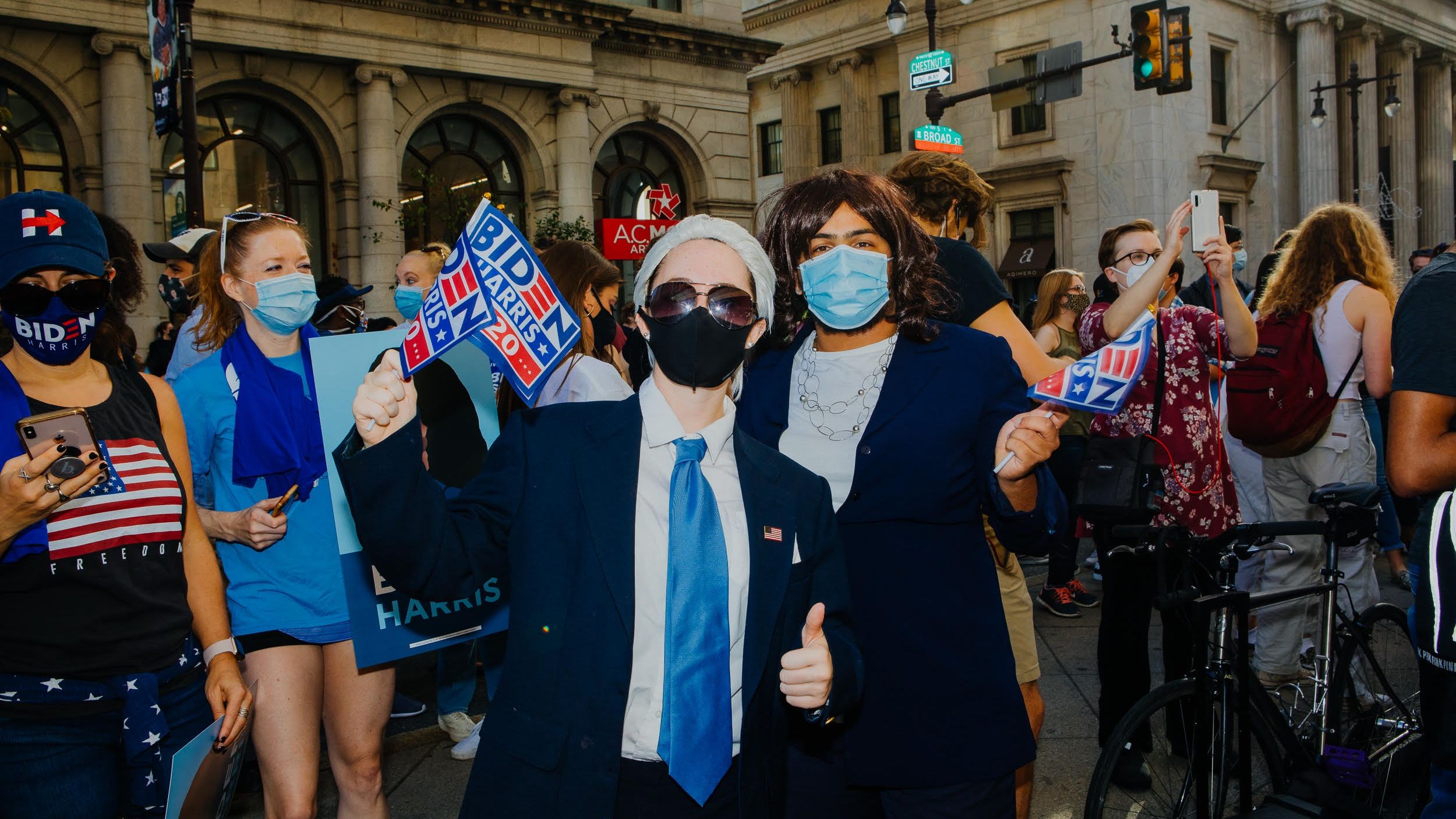 Temple students Katelyn Barbour and Justin Procope dressed as Joe Biden and Kamala Harris. 