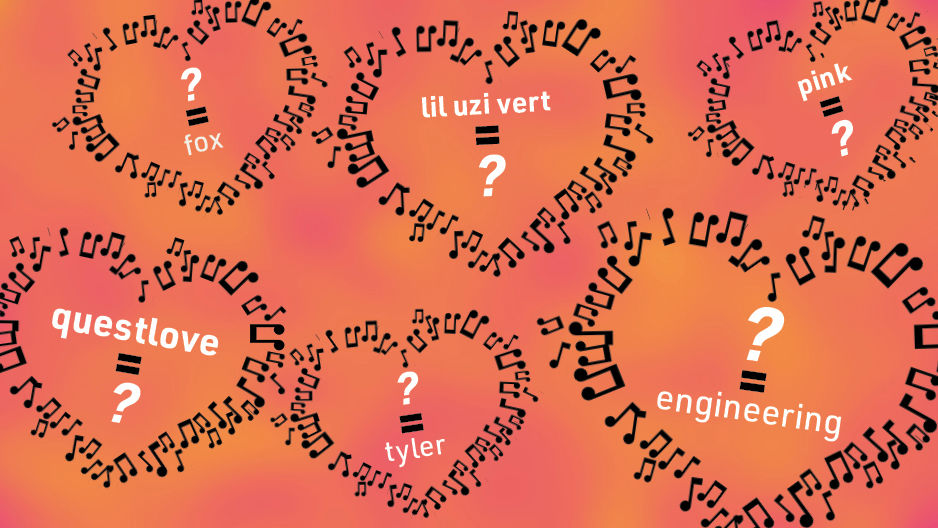 Music notes in the shape of hearts with Philly artists and Temple schools