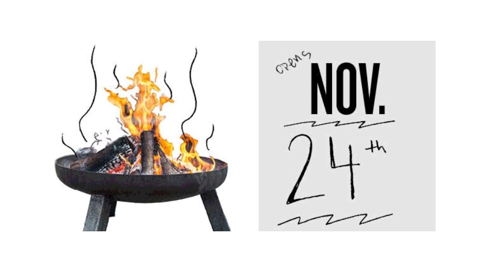 A campfire next to a calendar page that reads "opens Nov. 24"