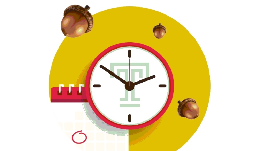 A clock with a Temple “T” on its face next to a calendar with floating acorns hovering above.