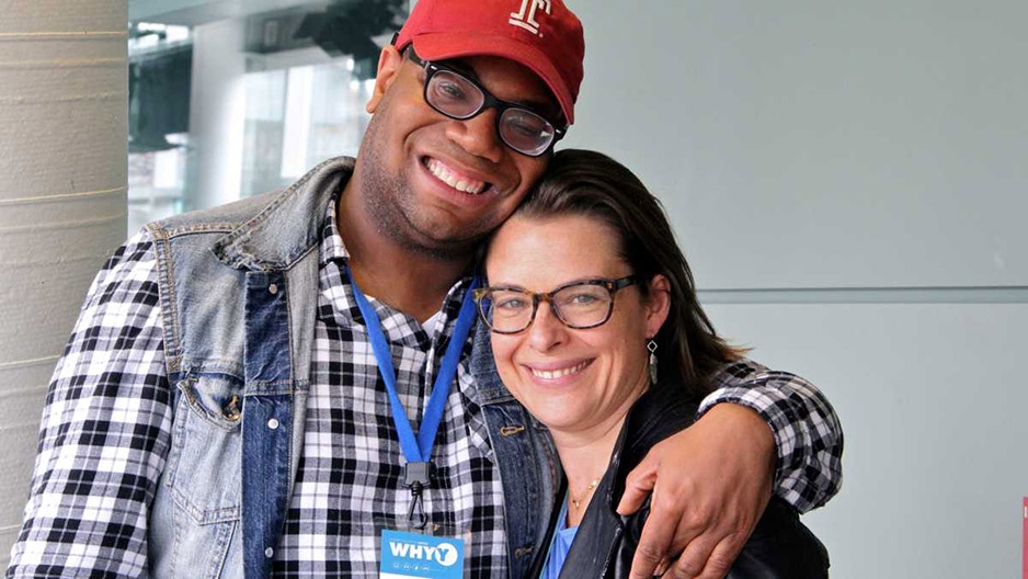 An actor and the director of ‘A Fierce Kind of Love” posing in WHYY’s studio.