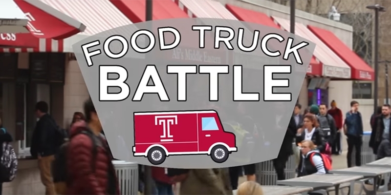 The food wall on Temple’s campus and a graphic that reads “food truck battle”. 