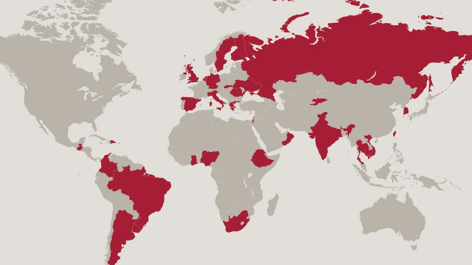 world map highlighting countries hosting Temple Student Fulbright grantees since 2000