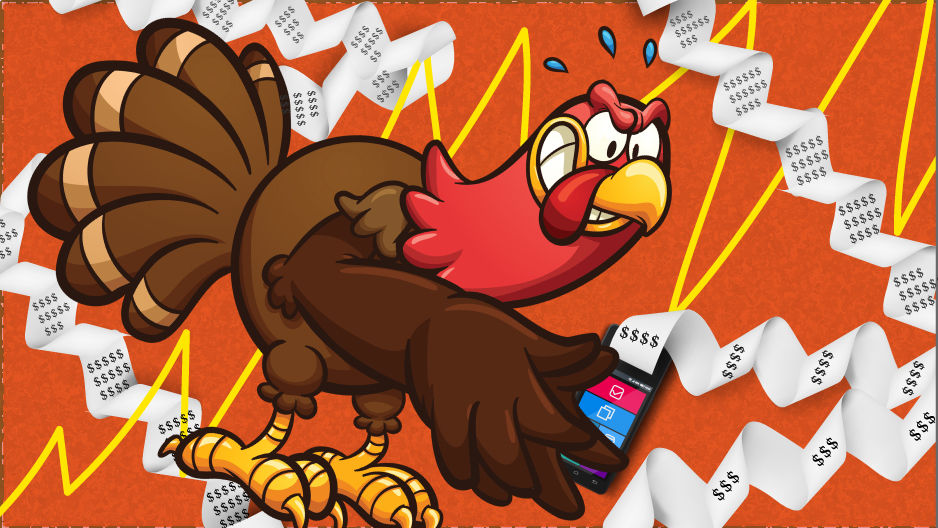 a cartoon turkey with store receipts