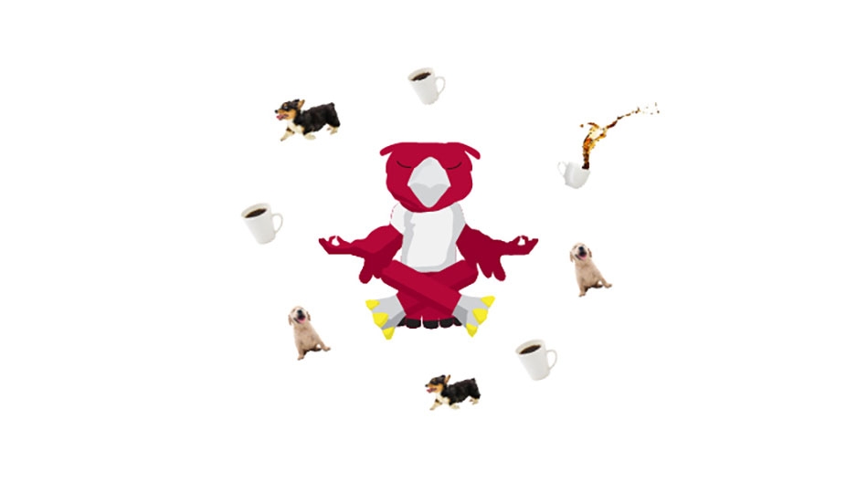 An animated GIF of Hooter meditating while cups of coffee and dogs float around his head.