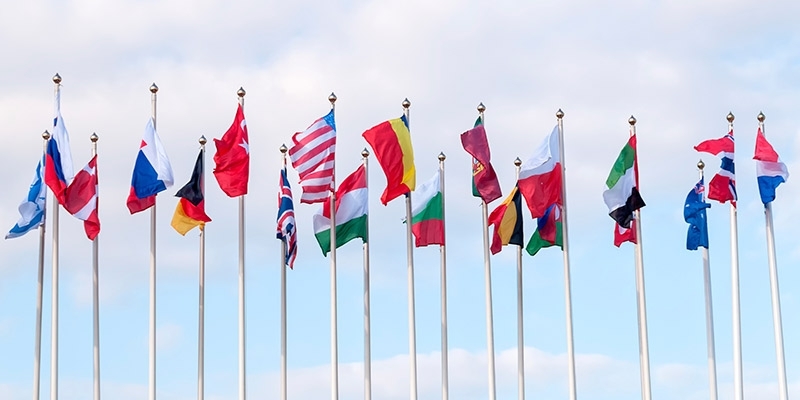 A collection of international flags flying from flagpoles.