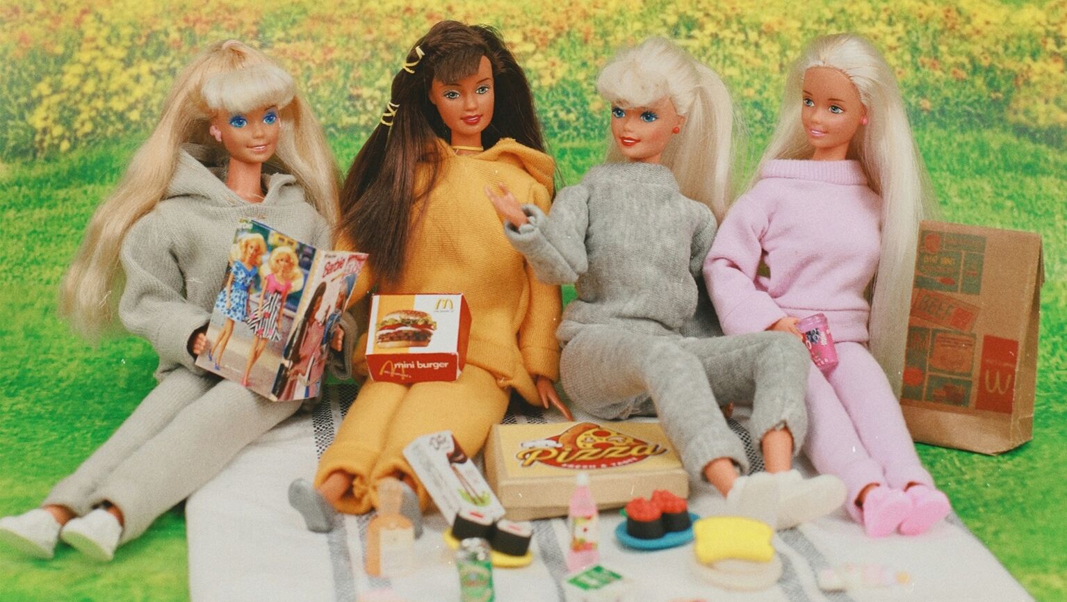 A photo of Barbie dolls having a picnic.