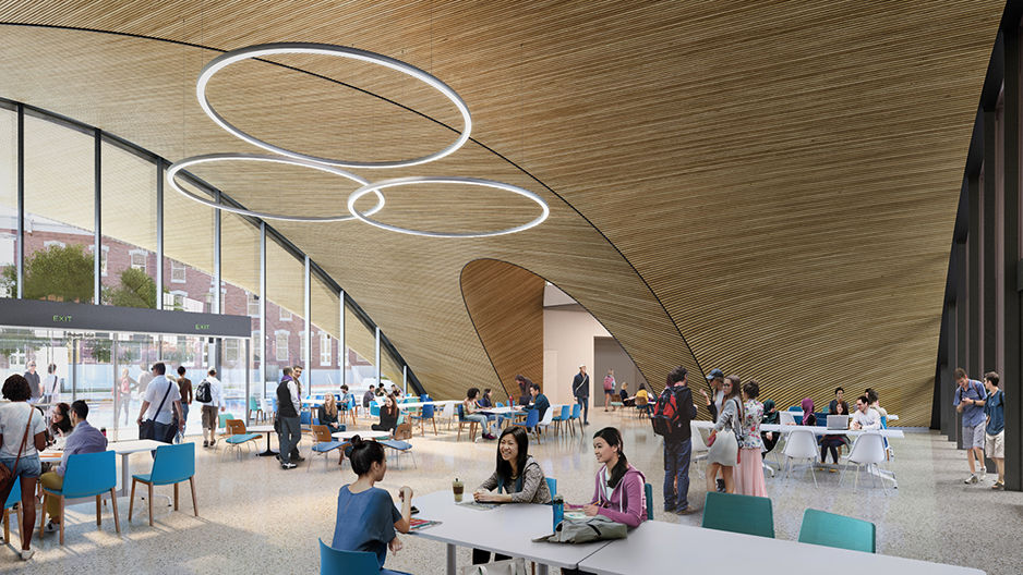 A rendering of the interior of the new library featuring large windows.