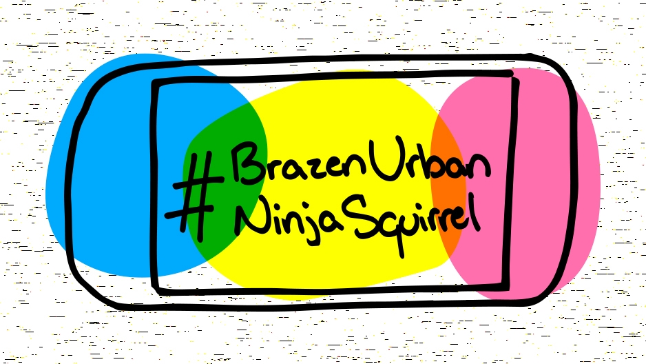 A cell phone displaying “#BrazenUrbanNinjaSquirrel” on its screen in shades of yellow, blue and pink that mimic highlighters. 