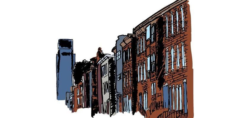 Illustration of North Philly rowhomes and Center City skyline