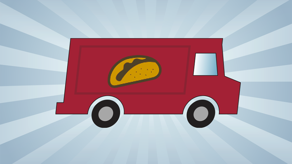 Red food truck with picture of taco