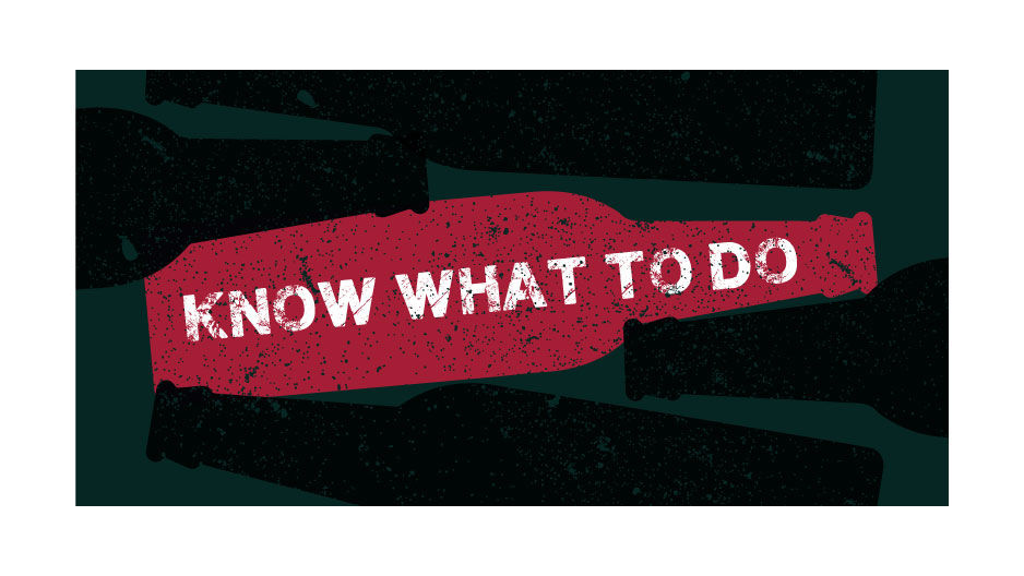 An illustration of beer bottles and one is red with words across it reading “know what to do”.