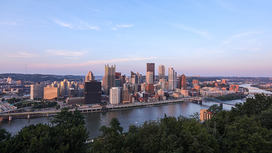 Pittsburgh skyline at sunset