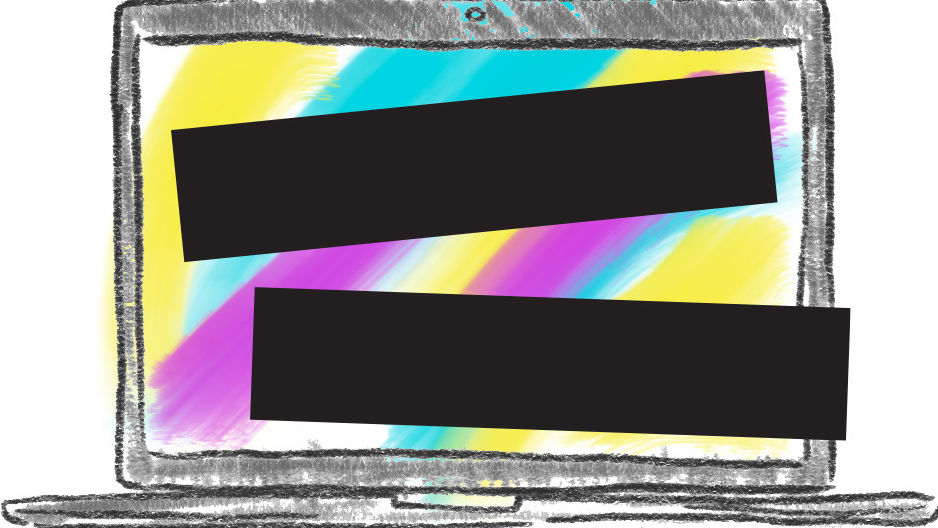 A graphic of a laptop with text blacked out