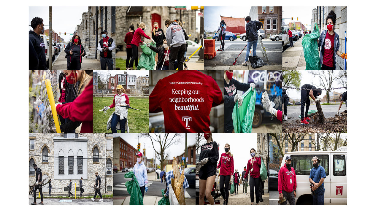 Temple students sweeping streets and collecting litter in North Philadelphia.