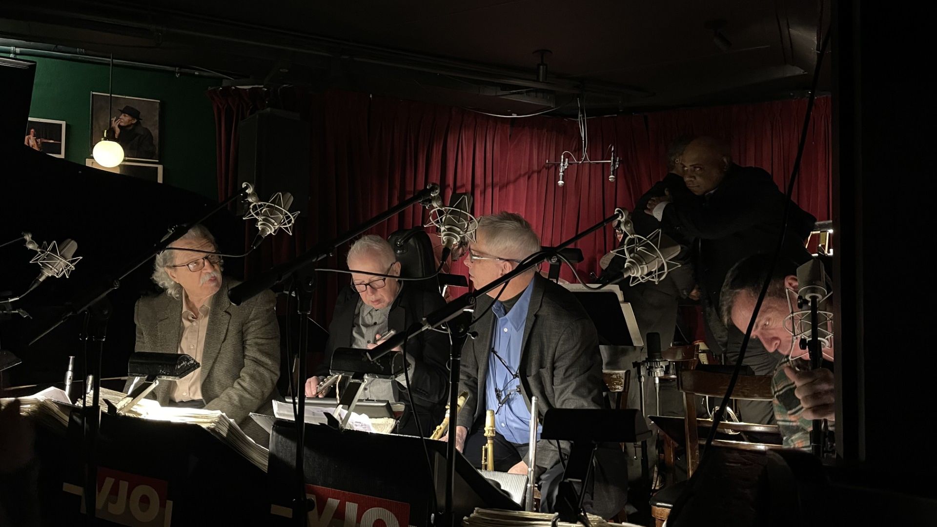 Ralph Lalama, Billy Drewes, Dick Oatts, and David Pasbrig setting up to record at the Village Vanguard. 
