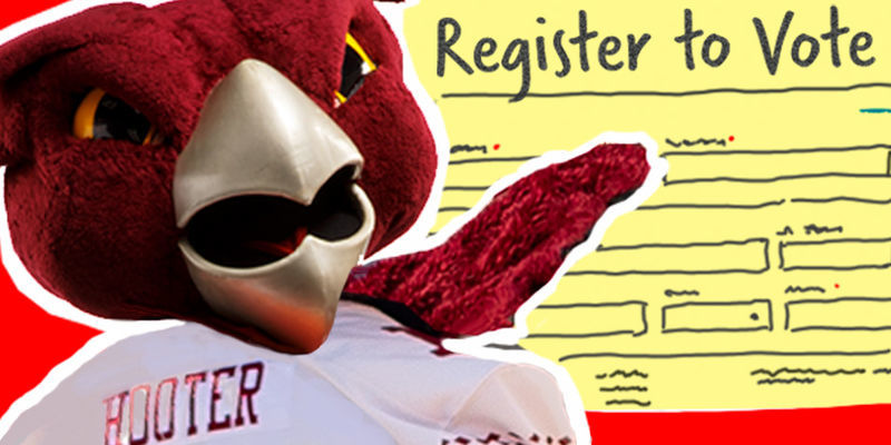 A graphic of Hooter with a note saying register to vote