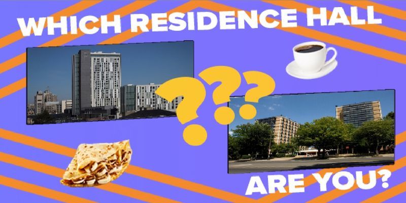 two residence halls, a crepe, a cup of coffee and three question marks