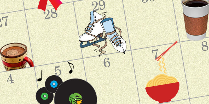 a illustration of a calendar with records, ice skates and ramen noodles.