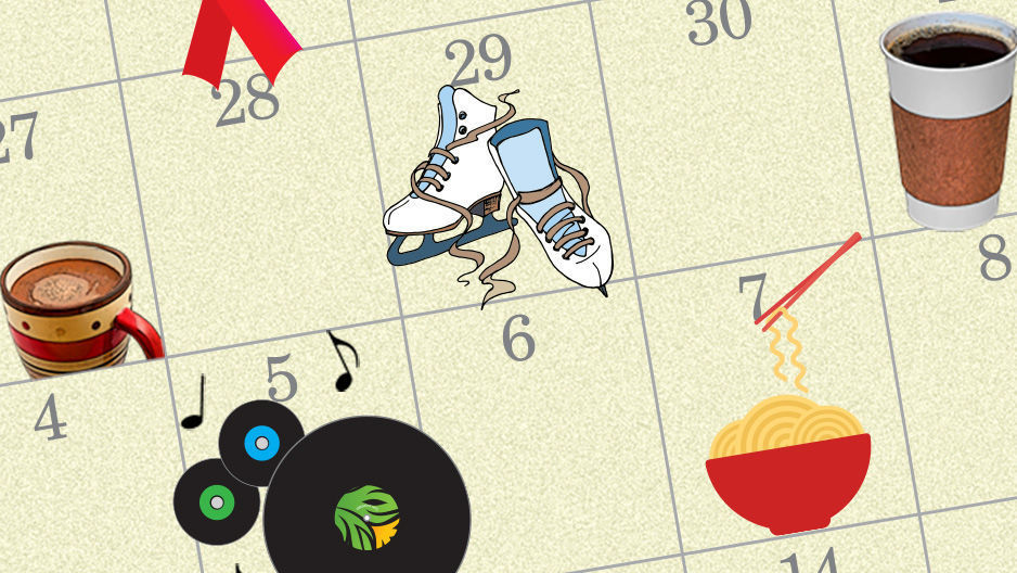 An illustration of a calendar with records, ice skates and ramen noodles.