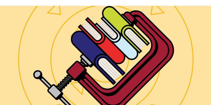 cartoon GIF of a vice clamping down on textbooks