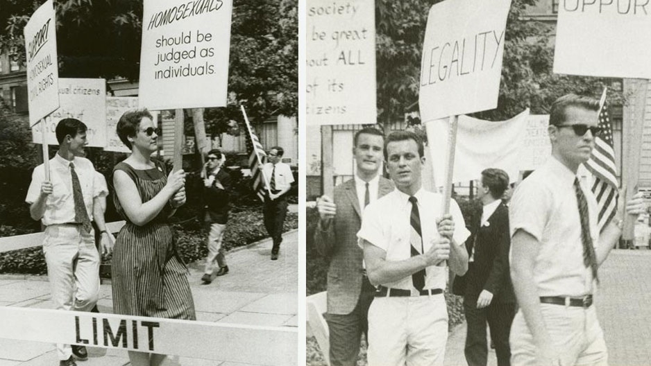 Men and women marching with equality signs in front of Independence Hall. 