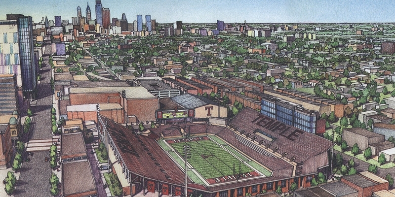 a sketched rendering showing an aerial view of the proposed stadium