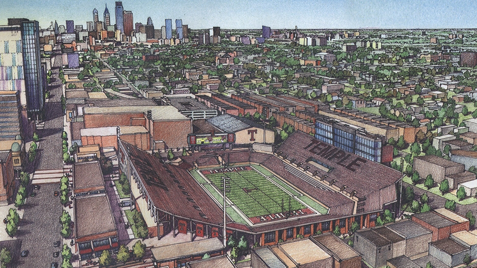 a sketched rendering showing an aerial view of the proposed stadium