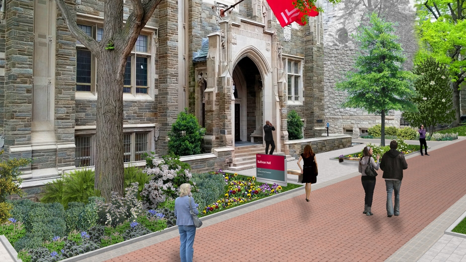 A rendering of upgraded landscaping outside Sullivan Hall. 