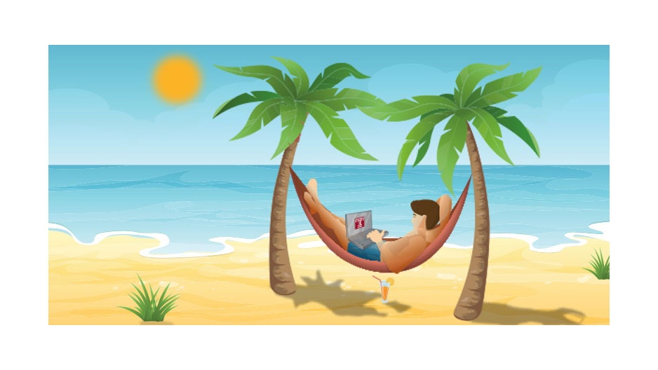 A student relaxing in a hammock with a laptop on a beach as the sun moves across the sky