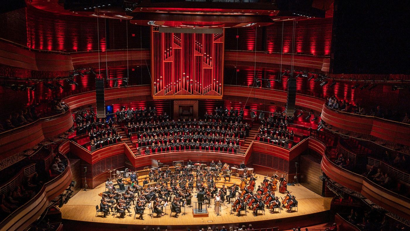 The Temple University Symphony Orchestra, Studio Orchestra and Choirs in a performance.