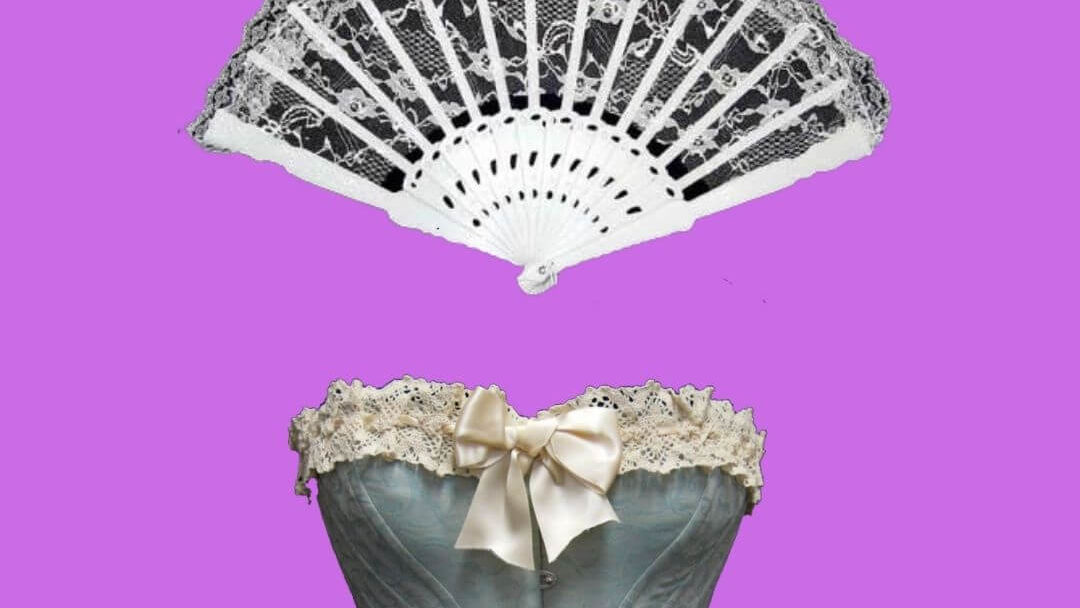 Black and white images of a fan and a corset, part of the poster for "The Country Wife."