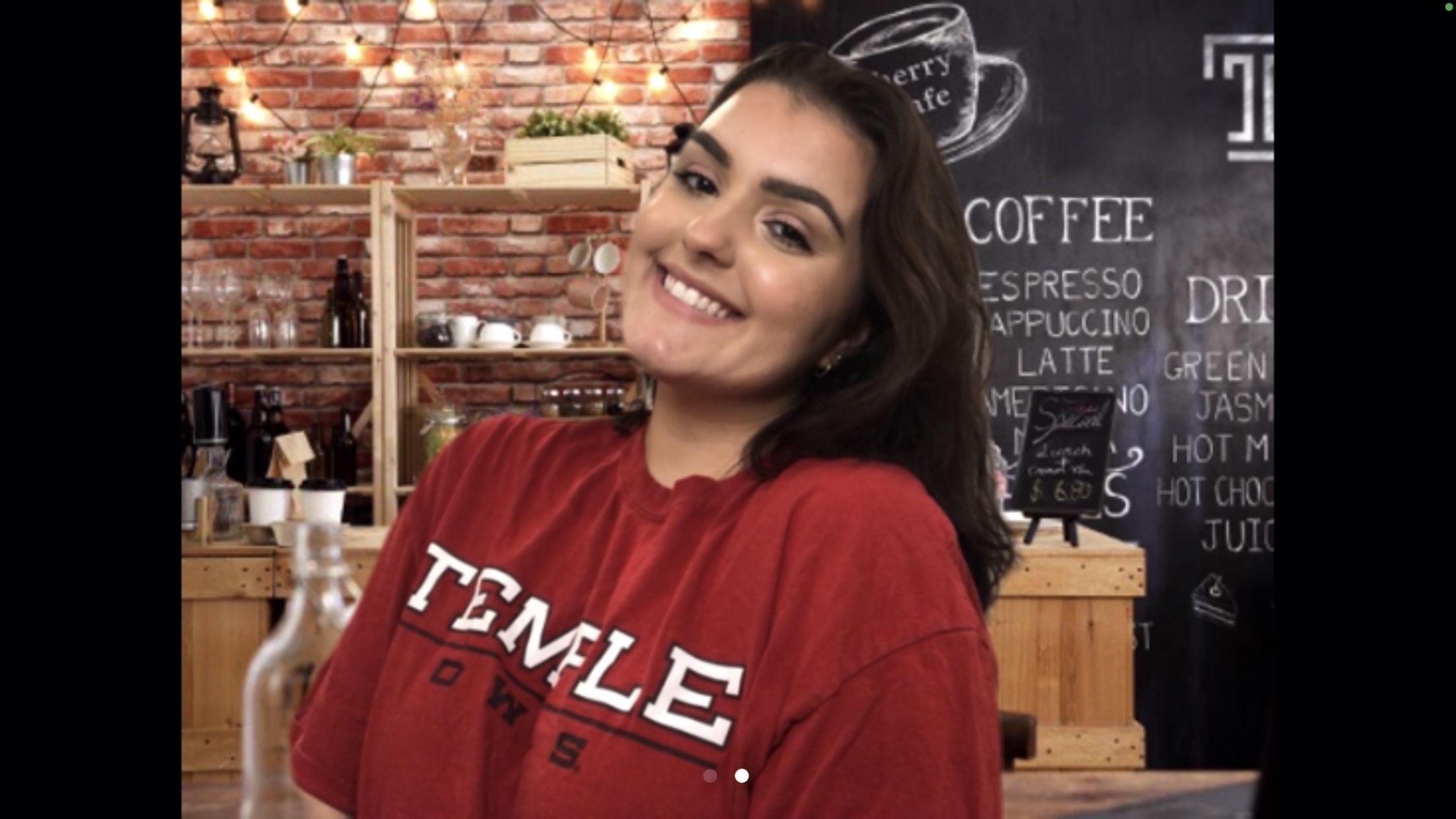 A Temple student attending a Zoom coffeehouse.
